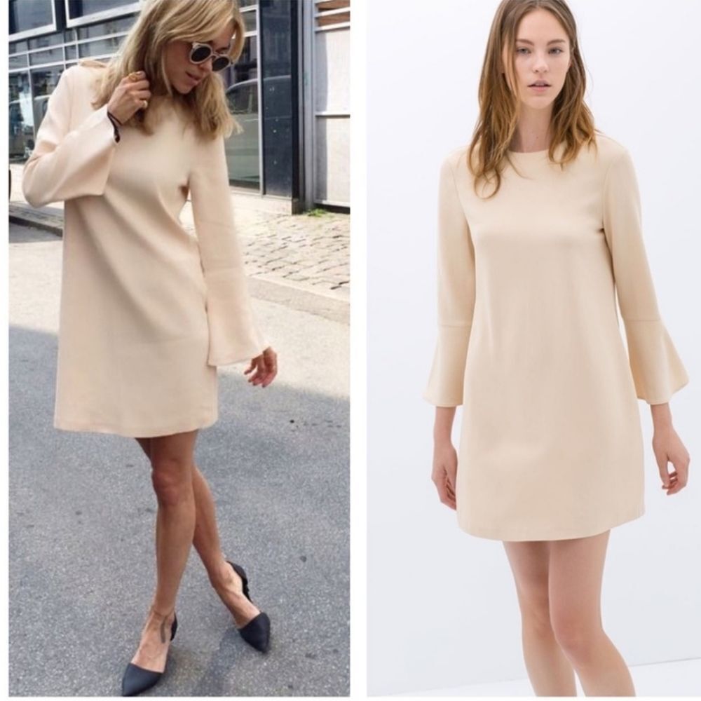 Zara bell sleeve mini dress nude pink XS